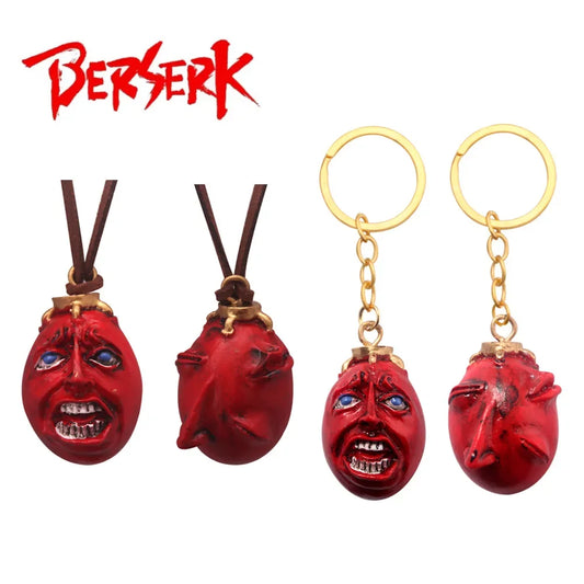 Pendentif et porte-clés représentant le Behelit, œuf du Roi de Berserk. Ces bijoux sont parfaits pour les fans de l'anime et du manga, idéals pour ajouter une touche de style gothique à vos accessoires quotidiens