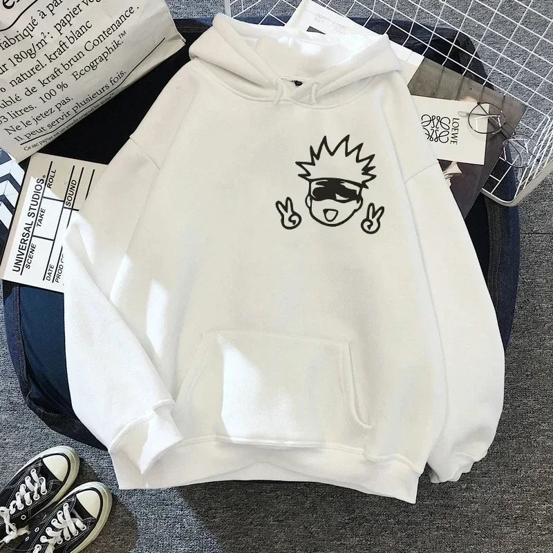 Sudaderas con capucha de gran tamaño con gráficos de Jujutsu Kaisen con Gojo Satoru. Perfecto para un estilo streetwear casual y kawaii, ideal para fans del anime.