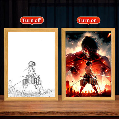 23X17cm Cadre Lumineux LED USB Attack on Titan | Ajoutez une touche d'ambiance à votre chambre avec ce cadre lumineux LED Attack on Titan. Parfait pour les fans, cet art mural crée une atmosphère immersive et est un cadeau idéal