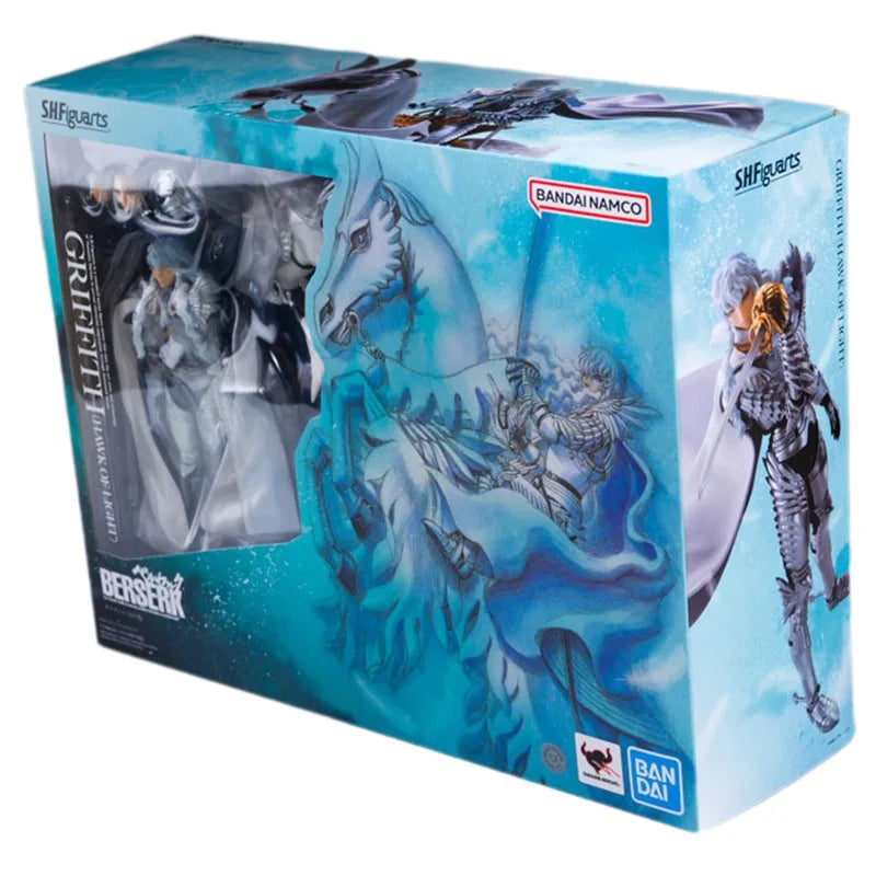 16cm BERSERK Figure | Genuine BANDAI SHF figure of Griffith and his white horse, with interchangeable parts. Ideal for collectors and anime fans. A perfect gift for children and adults