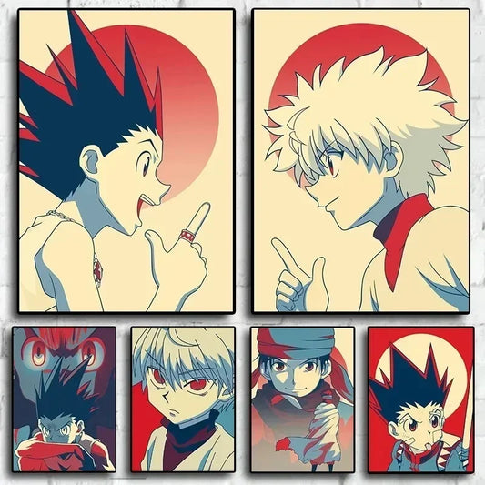 Arte de pared retro inspirado en el anime Hunter X Hunter, impreso en lienzo. Perfecto para la sala de estar o cualquier espacio habitable, este póster agrega un toque vintage para los fanáticos del anime. ¡Ideal para personalizar tu interior con estilo! 