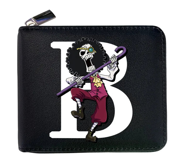 12*10cm Portefeuille en Cuir à Fermeture Zip One Piece. Ce portefeuille en cuir arbore les initiales des personnages emblématiques de One Piece, alliant style et fonctionnalité