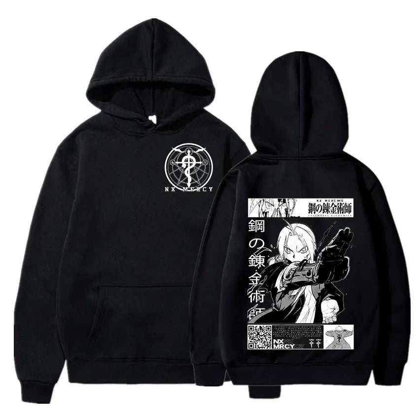 Sweat à capuche oversized inspiré du style Harajuku, avec impression Fullmetal Alchemist. Ce pull classique, ample et confortable. Parfait pour une tenue décontractée ou un look streetwear tendance