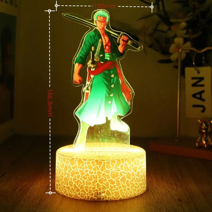 Figurine 3D en acrylique de Luffy et Zoro de One Piece, équipée de LED multicolores. Idéale pour ajouter une touche d'animation à votre décoration avec des effets lumineux impressionnants !