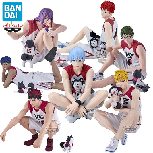 Figuras BANDAI BANPRESTO Kuroko's Basketball ÚLTIMO PARTIDO | Figuras de anime de Kuroko, Kagami, Aomine, Akashi, Murasakibara, Kise y Midorima en pose informal con el cachorro Kuro Junior. Ideal para aficionados y coleccionistas.