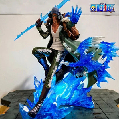 Figura de una pieza de 30 cm | Aokiji Kuzan acompañado de efectos LED sobre un glaciar. Una pieza única para los fans de la serie, esta pieza combina cuidados detalles y luz para dar vida al poder de hielo del personaje. 