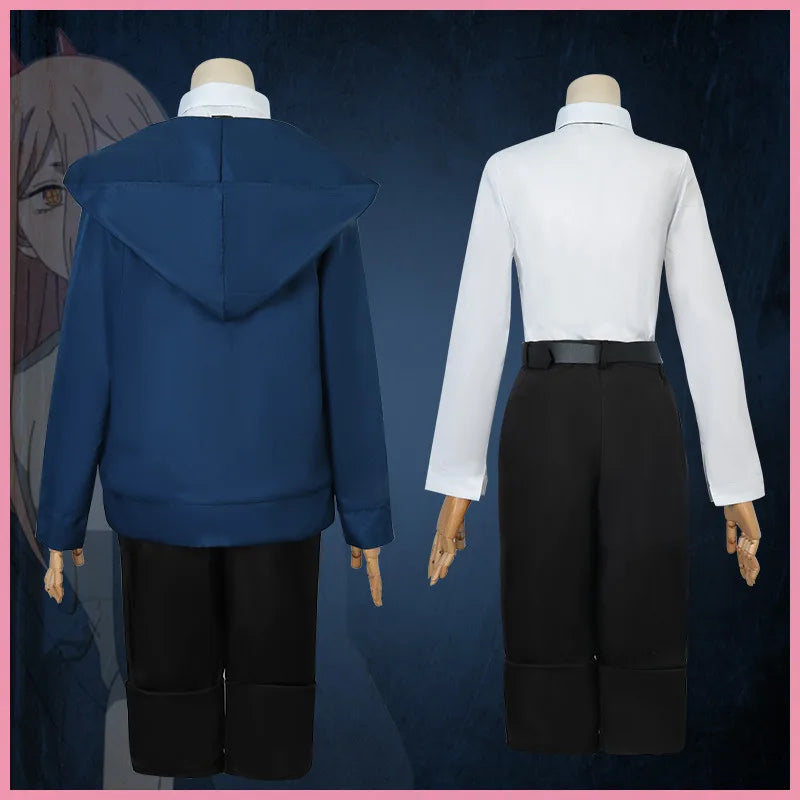 Disfraz de Power Cosplay - Hombre motosierra | Incluye una peluca, una chaqueta azul, pantalones y cuernos para recrear el aspecto icónico de Power. Perfecto para Halloween, cosplay o eventos temáticos para mujeres y niñas fanáticos del anime.