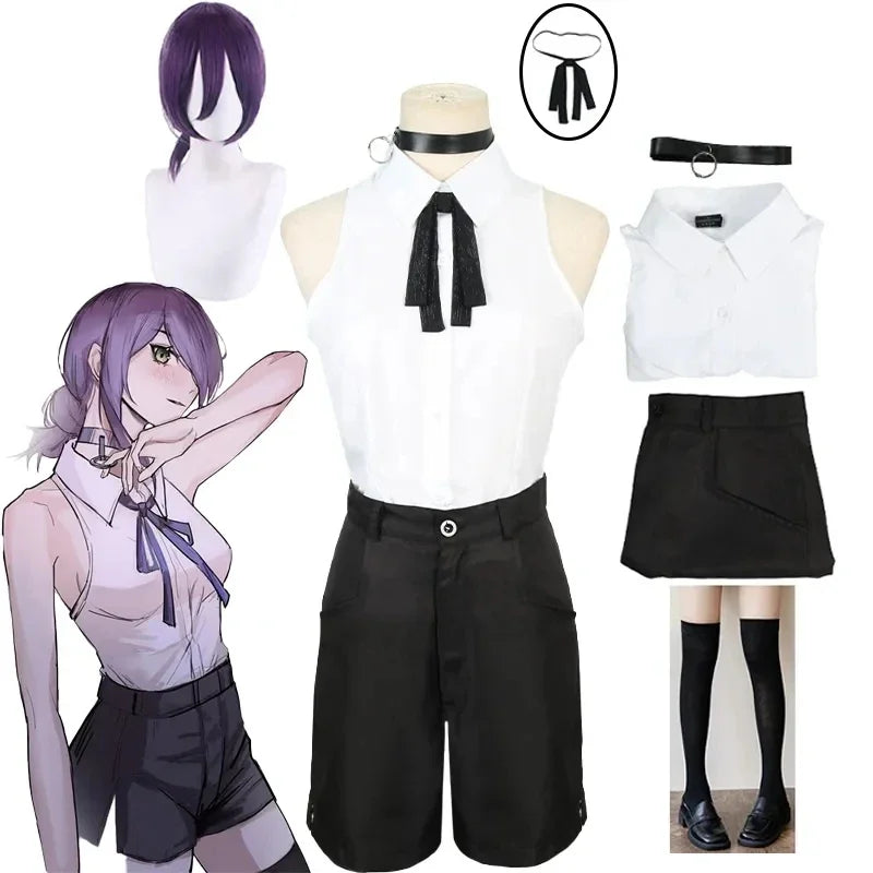 Cosplay del hombre motosierra | Conjunto de cosplay completo inspirado en Reze, que incluye camisa, corbata corta y peluca. Perfecto para Halloween, eventos de cosplay o fanáticos del anime. Estilo fiel y detallado para una inmersión total