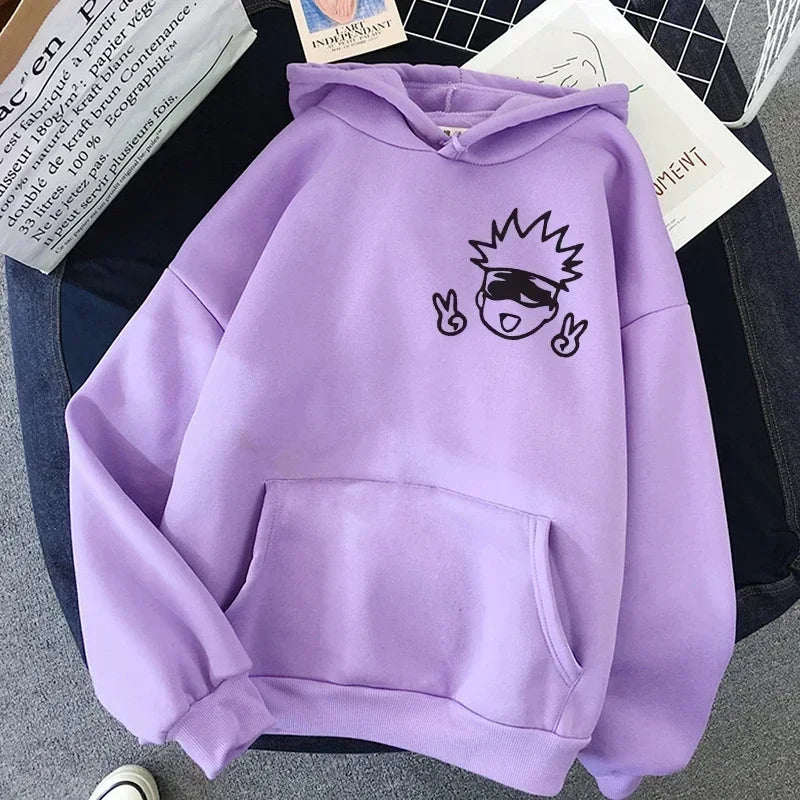 Sudaderas con capucha de gran tamaño con gráficos de Jujutsu Kaisen con Gojo Satoru. Perfecto para un estilo streetwear casual y kawaii, ideal para fans del anime.