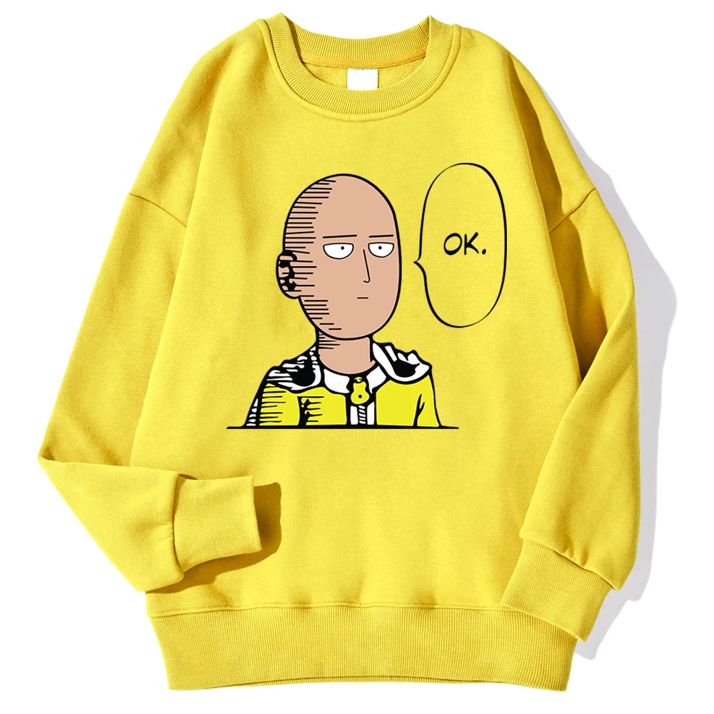 Sweat à capuche chaud et confortable avec imprimé "OK" de Saitama. Idéal pour un look streetwear automnal. Fabrication en polaire douce, parfait pour les fans d'anime