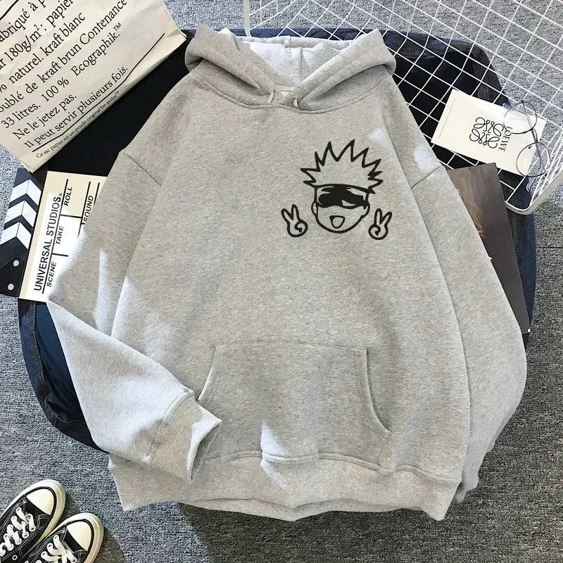 Sudaderas con capucha de gran tamaño con gráficos de Jujutsu Kaisen con Gojo Satoru. Perfecto para un estilo streetwear casual y kawaii, ideal para fans del anime.