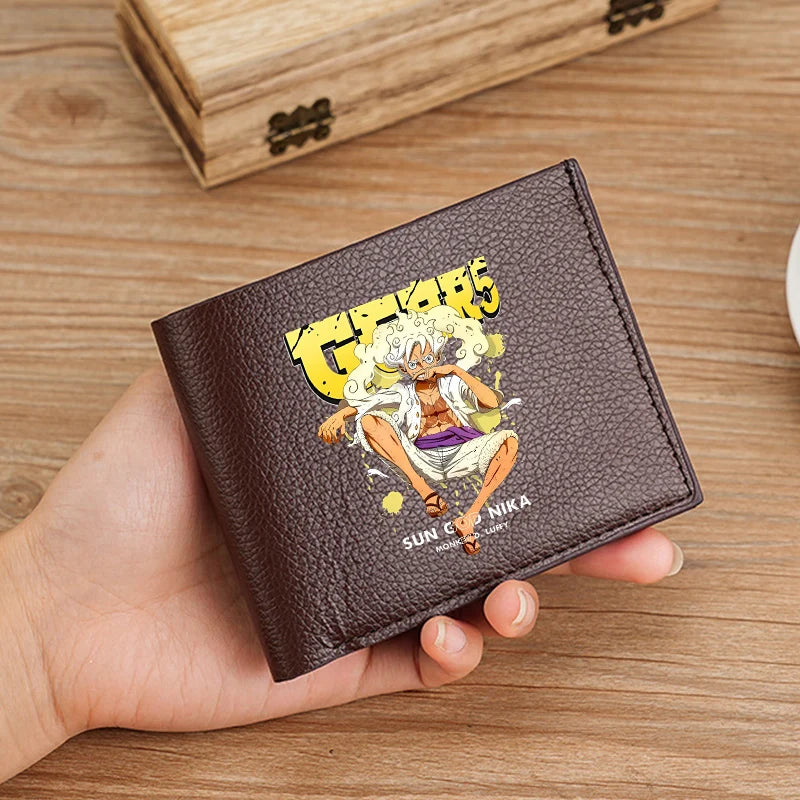 12*9cm One Piece Faux Leather Wallet. Elegant black and brown wallet decorated with One Piece character logos, ideal for fans! 