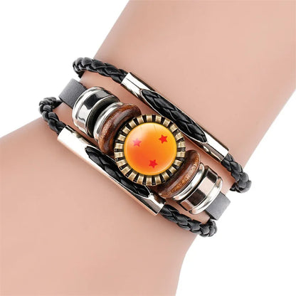 Bracelet Dragon Ball ajustable de 18 à 21 cm avec perles en forme de boules de cristal (1 à 7 étoiles). Fabriqué en cuir tressé, c'est un accessoire unique pour les fans d'anime et un excellent cadeau