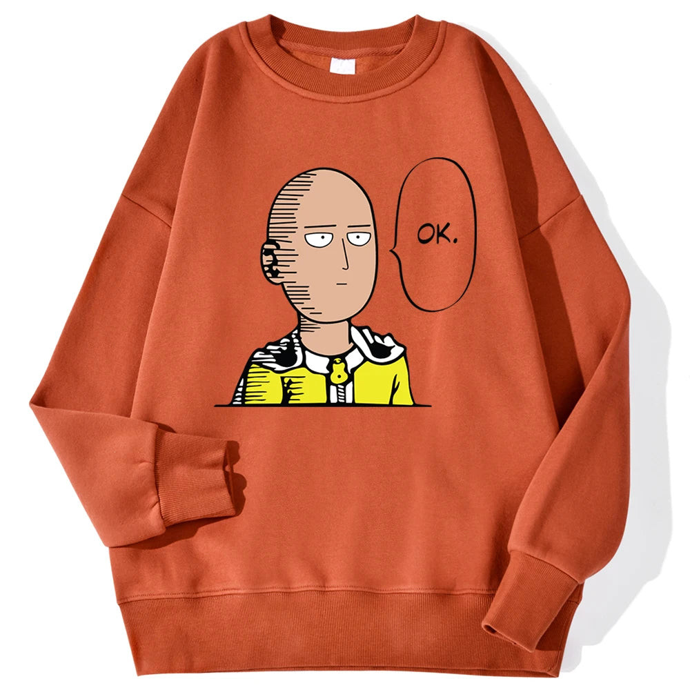 Sweat à capuche chaud et confortable avec imprimé "OK" de Saitama. Idéal pour un look streetwear automnal. Fabrication en polaire douce, parfait pour les fans d'anime