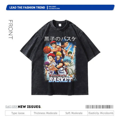 T-shirts vintage oversized avec design Kuroko Tetsuya et Aomine Daiki. Style streetwear inspiré du manga, parfait pour les fans. Disponible pour hommes