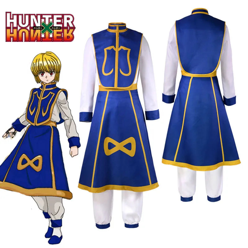 Costume Cosplay Hunter x Hunter de Kurapika Kuruta, comprenant une perruque, des bagues, une chaîne et des boucles d'oreilles. Parfait pour les fêtes d'Halloween et autres événements costumés