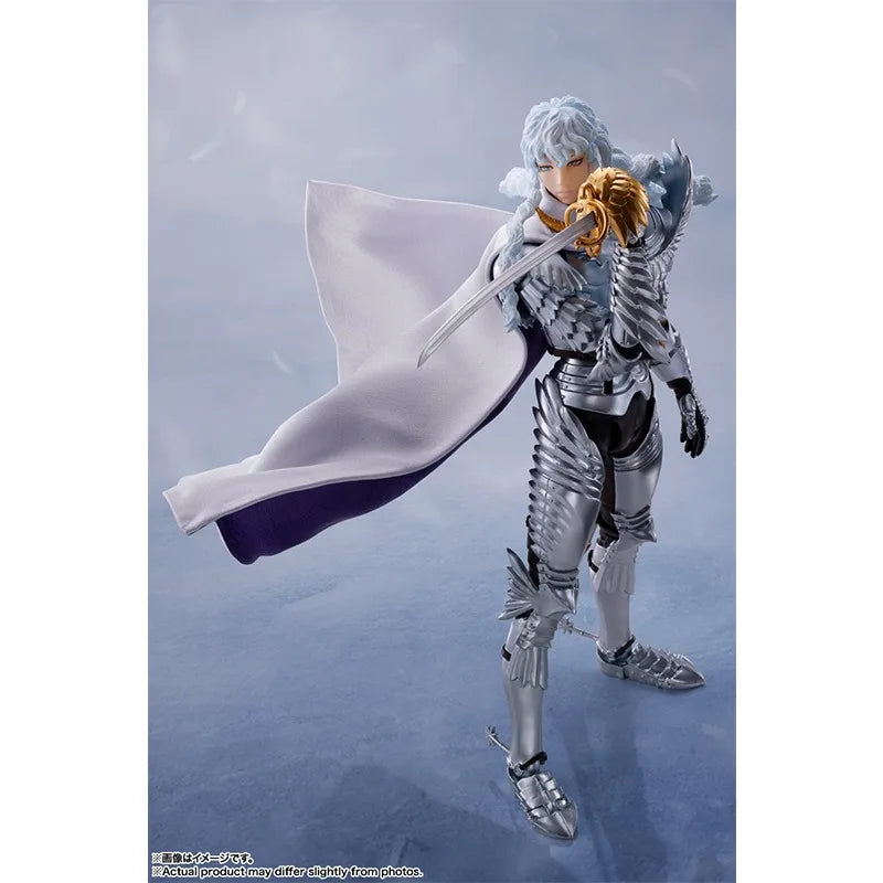 16cm BERSERK Figure | Genuine BANDAI SHF figure of Griffith and his white horse, with interchangeable parts. Ideal for collectors and anime fans. A perfect gift for children and adults