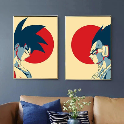 Poster classique Dragon Ball Z avec Vegeta et Goku. Impression sur toile vintage, parfait pour une décoration esthétique et pour offrir en cadeau