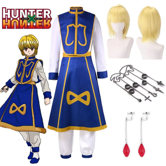 Costume Cosplay Hunter x Hunter de Kurapika Kuruta, comprenant une perruque, des bagues, une chaîne et des boucles d'oreilles. Parfait pour les fêtes d'Halloween et autres événements costumés