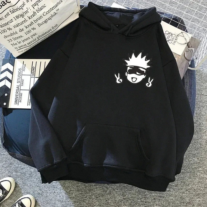 Sudaderas con capucha de gran tamaño con gráficos de Jujutsu Kaisen con Gojo Satoru. Perfecto para un estilo streetwear casual y kawaii, ideal para fans del anime.