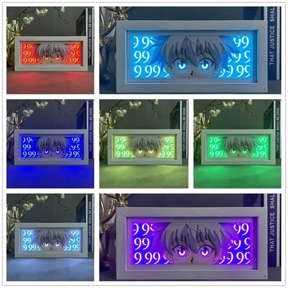 Cazador X Cazador | Marco de luz LED 3D con diseños en papel tallado de Gon, Kurapika, Hisoka y Killua. Una lámpara de ambiente perfecta para los fans del manga, ideal como decoración nocturna o regalo de cumpleaños. 