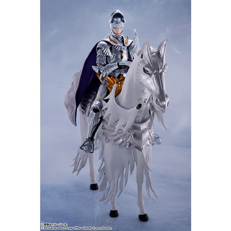 16cm BERSERK Figure | Genuine BANDAI SHF figure of Griffith and his white horse, with interchangeable parts. Ideal for collectors and anime fans. A perfect gift for children and adults