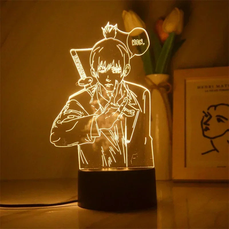 Figurine lumineuse représentant les personnages de Chainsaw Man. Idéal pour décorer une chambre d'enfant, ce stand LED peut également servir de veilleuse. Parfait comme cadeau d'anniversaire pour les fans de Chainsaw Man, combinant décoration et utilité