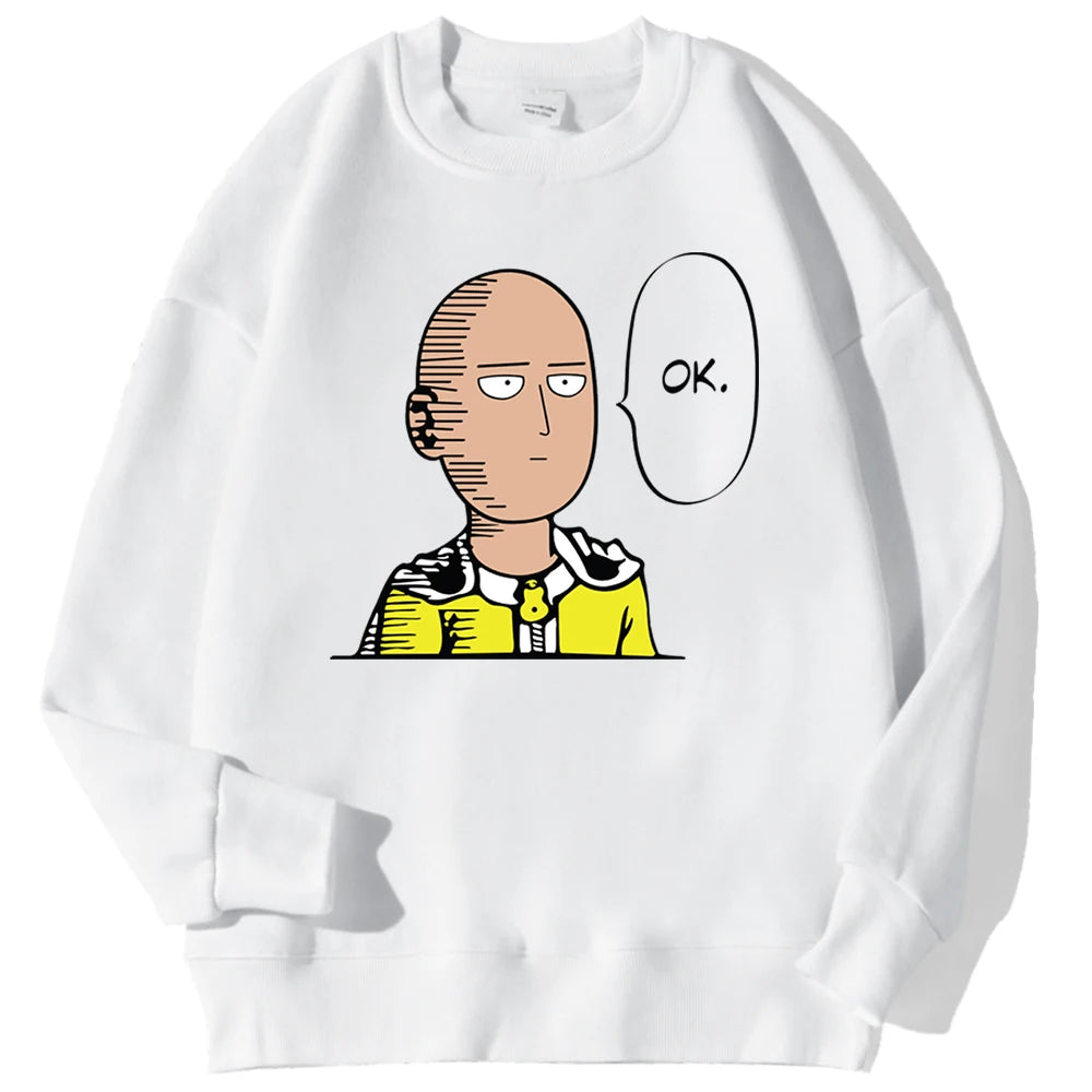 Sweat à capuche chaud et confortable avec imprimé "OK" de Saitama. Idéal pour un look streetwear automnal. Fabrication en polaire douce, parfait pour les fans d'anime