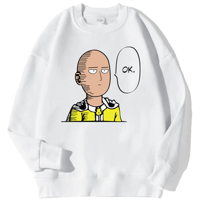 Sweat à capuche chaud et confortable avec imprimé "OK" de Saitama. Idéal pour un look streetwear automnal. Fabrication en polaire douce, parfait pour les fans d'anime