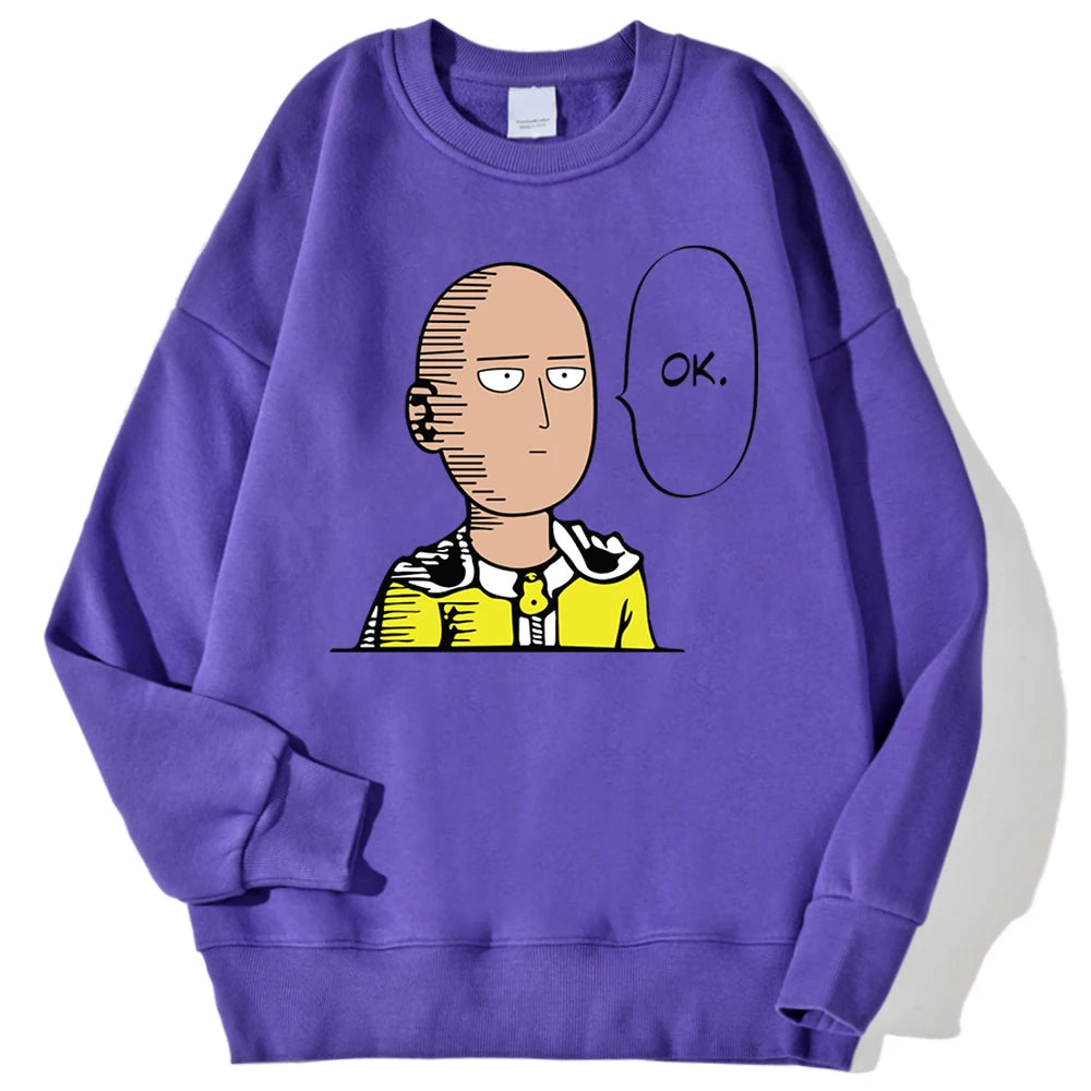 Sweat à capuche chaud et confortable avec imprimé "OK" de Saitama. Idéal pour un look streetwear automnal. Fabrication en polaire douce, parfait pour les fans d'anime