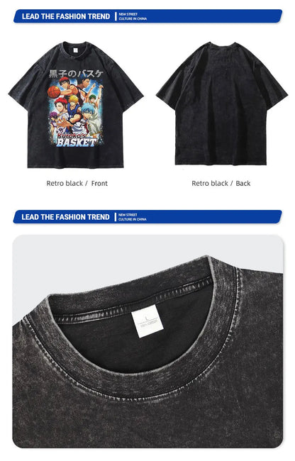 T-shirts vintage oversized avec design Kuroko Tetsuya et Aomine Daiki. Style streetwear inspiré du manga, parfait pour les fans. Disponible pour hommes