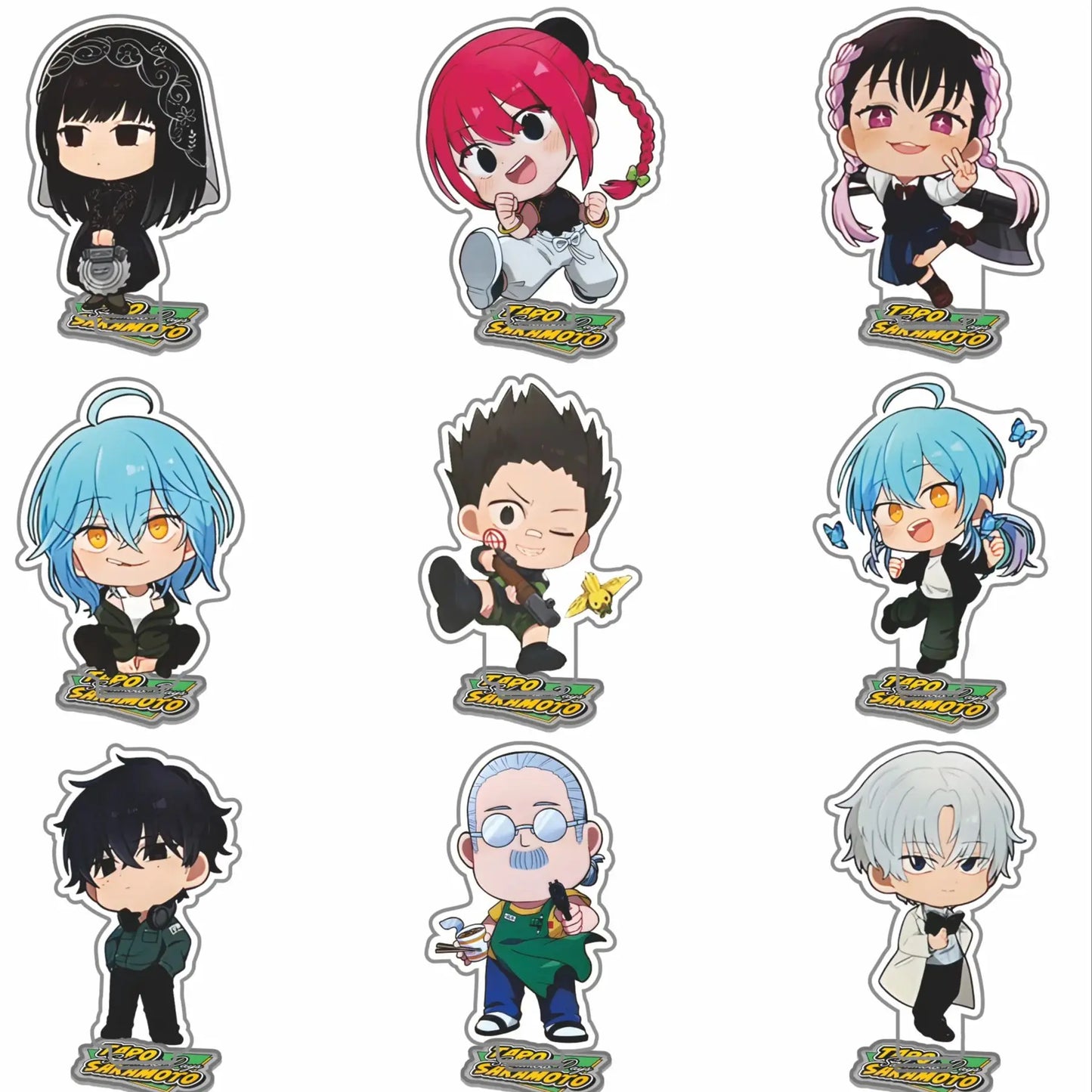 Présentoir acrylique de 10cm représentant les personnages de Sakamoto Days. Parfait pour les collections d'anime, cet accessoire mignon sert également de décoration pour chambre ou bureau