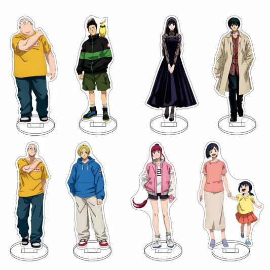 Présentoir acrylique de 15cm mettant en vedette Shin Asakura et Taro Sakamoto de Sakamoto Days. Idéal pour les collections d'accessoires d'anime, ce support est parfait pour décorer un bureau ou une étagère