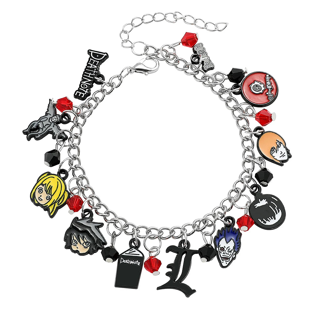 Bracelet à breloques avec pendentifs des personnages de Death Note. Parfait pour les fans de l'anime, cet accessoire stylé est un excellent cadeau. Idéal pour compléter une tenue avec une touche d’anime