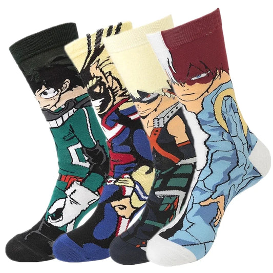 Chaussettes unisexes inspirées des personnages Izuku Midoriya, All Might, Bakugo Katsuki, et Todoroki Shoto de My Hero Academia. Un cadeau parfait pour les fans !