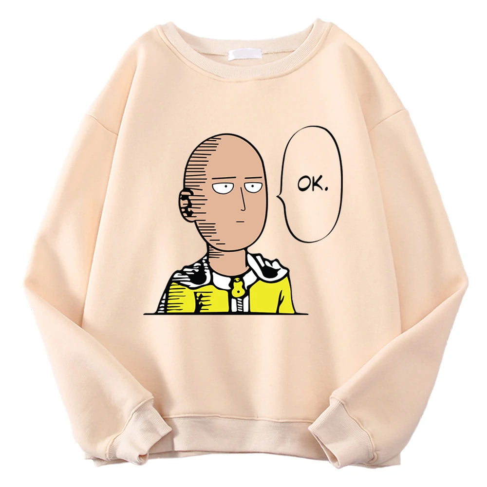 Sweat à capuche chaud et confortable avec imprimé "OK" de Saitama. Idéal pour un look streetwear automnal. Fabrication en polaire douce, parfait pour les fans d'anime