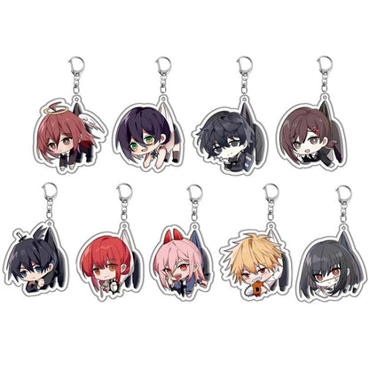 Pendentif représentant des personnages de l'anime Chainsaw Man, idéal pour décorer sacs et clés. Parfait comme cadeau de cosplay ou pour les fans. Un accessoire pratique et stylé à offrir ou à collectionner