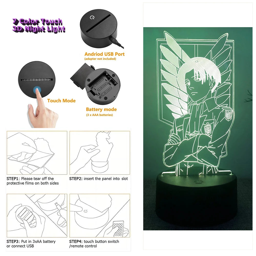 Lampe 3D LED Attack on Titan avec Télécommande | Décoration de Chambre pour Fans et Gamers  Illuminez votre espace avec cette lampe 3D Attack on Titan, parfaite pour décorer la chambre ou animer une soirée entre amis