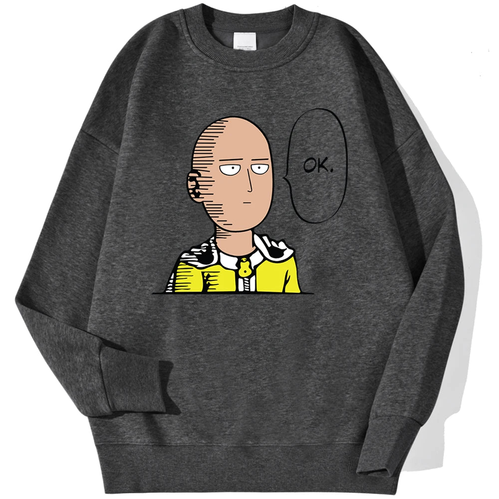 Sweat à capuche chaud et confortable avec imprimé "OK" de Saitama. Idéal pour un look streetwear automnal. Fabrication en polaire douce, parfait pour les fans d'anime