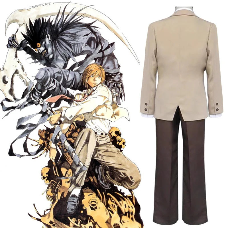 Costume cosplay de Light Yagami dans son uniforme scolaire, inspiré par Death Note. Parfait pour les conventions ou les événements à thème des fans d'anime