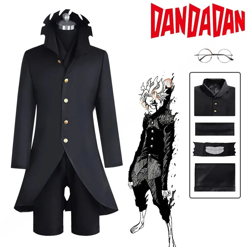 Cosplay DAN DA DAN de Ken Takakura (Okarun) -  Uniforme noir, perruque et masque facial et lunettes emblématiques. Idéal pour cosplay et fans de Dandadan