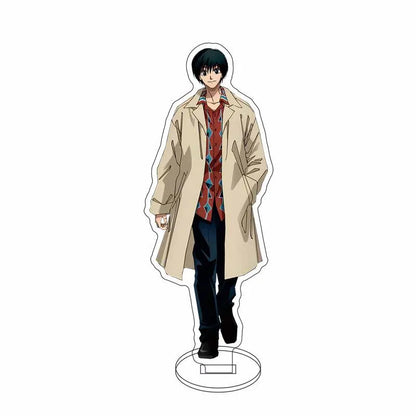 Présentoir acrylique de 15cm mettant en vedette Shin Asakura et Taro Sakamoto de Sakamoto Days. Idéal pour les collections d'accessoires d'anime, ce support est parfait pour décorer un bureau ou une étagère