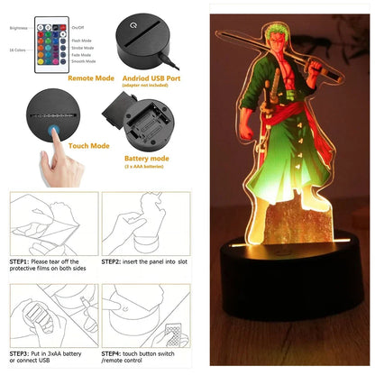 Figurine 3D en acrylique de Luffy et Zoro de One Piece, équipée de LED multicolores. Idéale pour ajouter une touche d'animation à votre décoration avec des effets lumineux impressionnants !