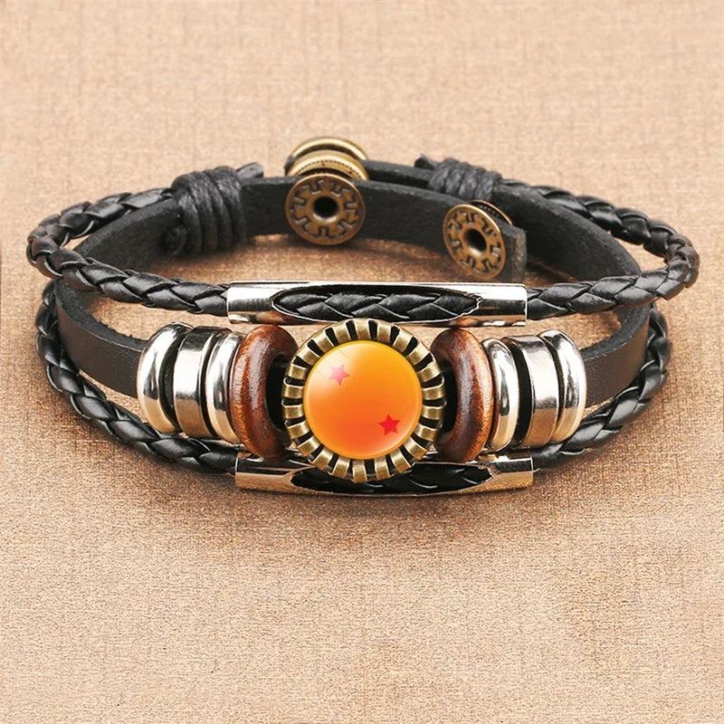 Bracelet Dragon Ball ajustable de 18 à 21 cm avec perles en forme de boules de cristal (1 à 7 étoiles). Fabriqué en cuir tressé, c'est un accessoire unique pour les fans d'anime et un excellent cadeau