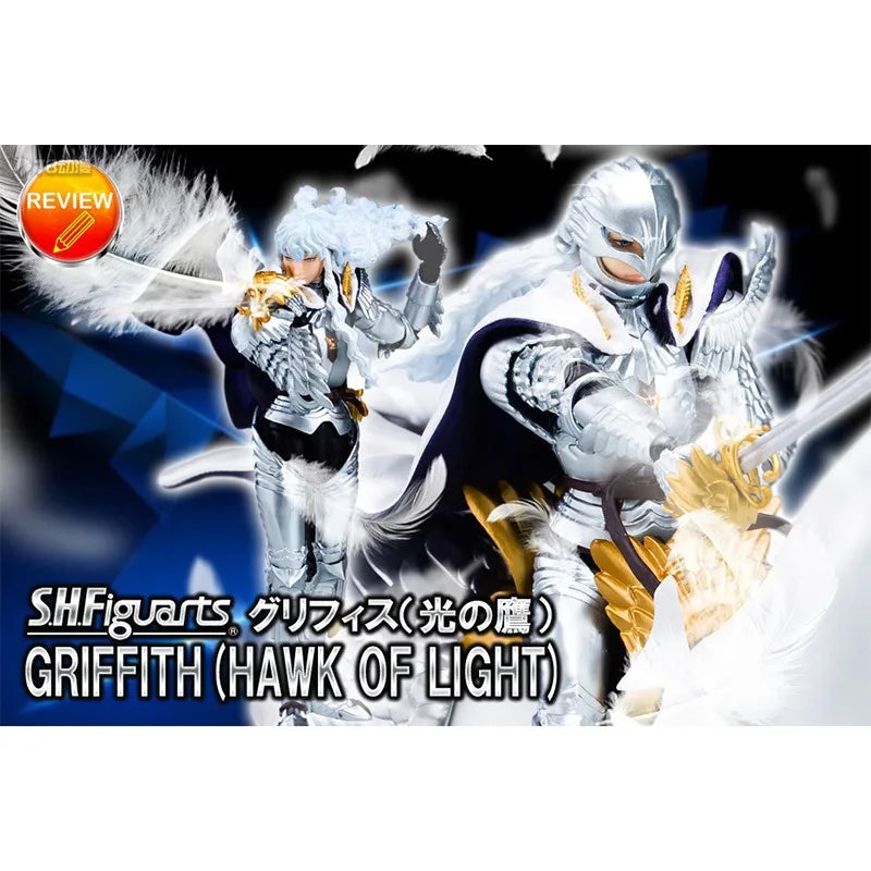 16cm BERSERK Figure | Genuine BANDAI SHF figure of Griffith and his white horse, with interchangeable parts. Ideal for collectors and anime fans. A perfect gift for children and adults