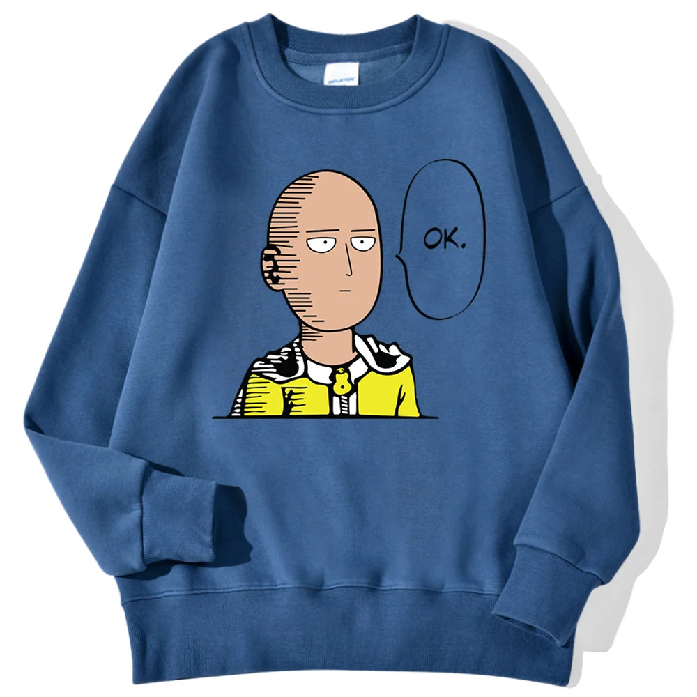 Sweat à capuche chaud et confortable avec imprimé "OK" de Saitama. Idéal pour un look streetwear automnal. Fabrication en polaire douce, parfait pour les fans d'anime