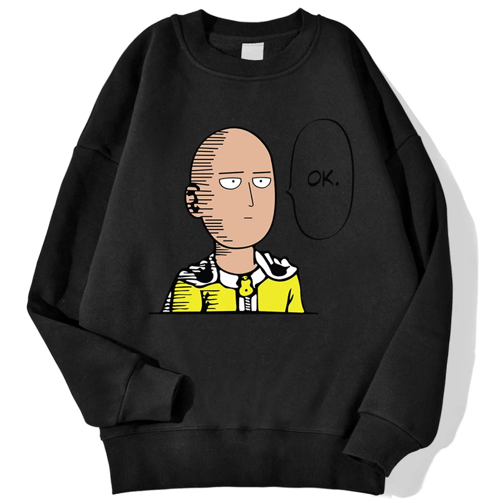 Sweat à capuche chaud et confortable avec imprimé "OK" de Saitama. Idéal pour un look streetwear automnal. Fabrication en polaire douce, parfait pour les fans d'anime