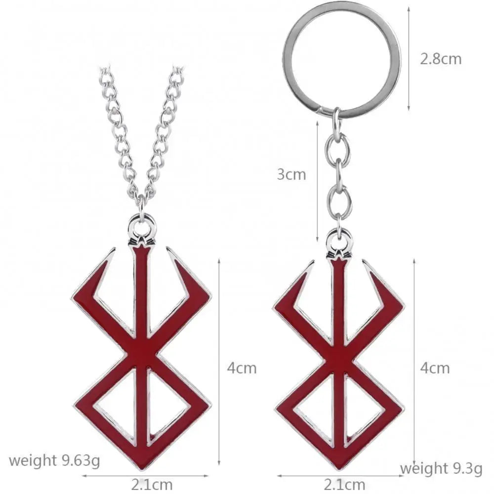 Colgante y llavero de metal con esmalte rojo que representa el icónico símbolo de Berserk. Estas piezas de joyería son perfectas para los fanáticos del anime y el manga, ideales para agregar un toque de estilo vikingo a tus accesorios cotidianos.