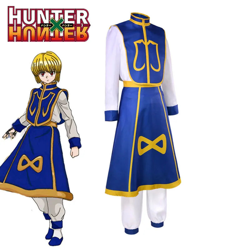 Costume Cosplay Hunter x Hunter de Kurapika Kuruta, comprenant une perruque, des bagues, une chaîne et des boucles d'oreilles. Parfait pour les fêtes d'Halloween et autres événements costumés