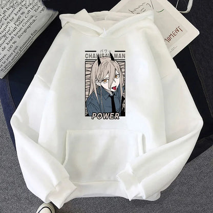 Sweat à capuche pour femmes avec impression Kawaii de Power de Chainsaw Man. Ce sweatshirt Harajuku est idéal pour l'automne et offrant un style décontracté. Parfait pour les fans de l'anime à la recherche d'un vêtement cosy et tendance